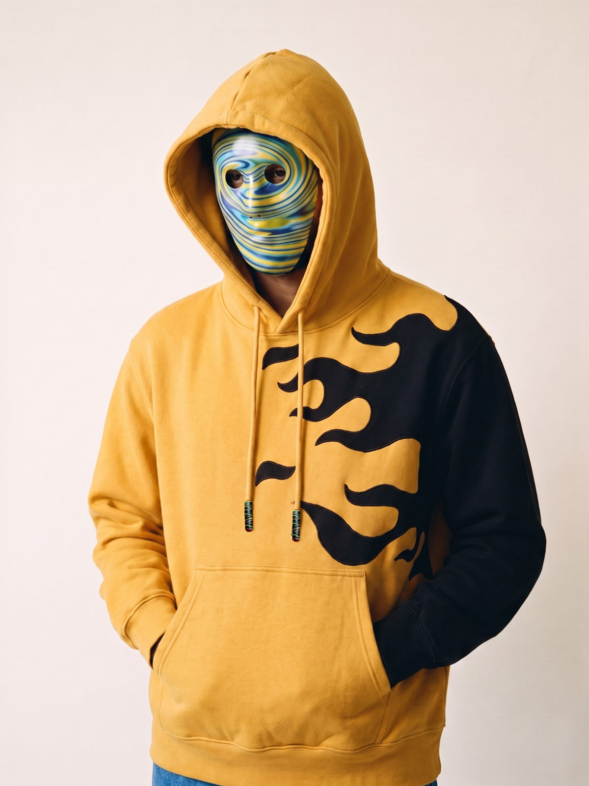 Flame Hoodie – Yellow – hood close-up on model