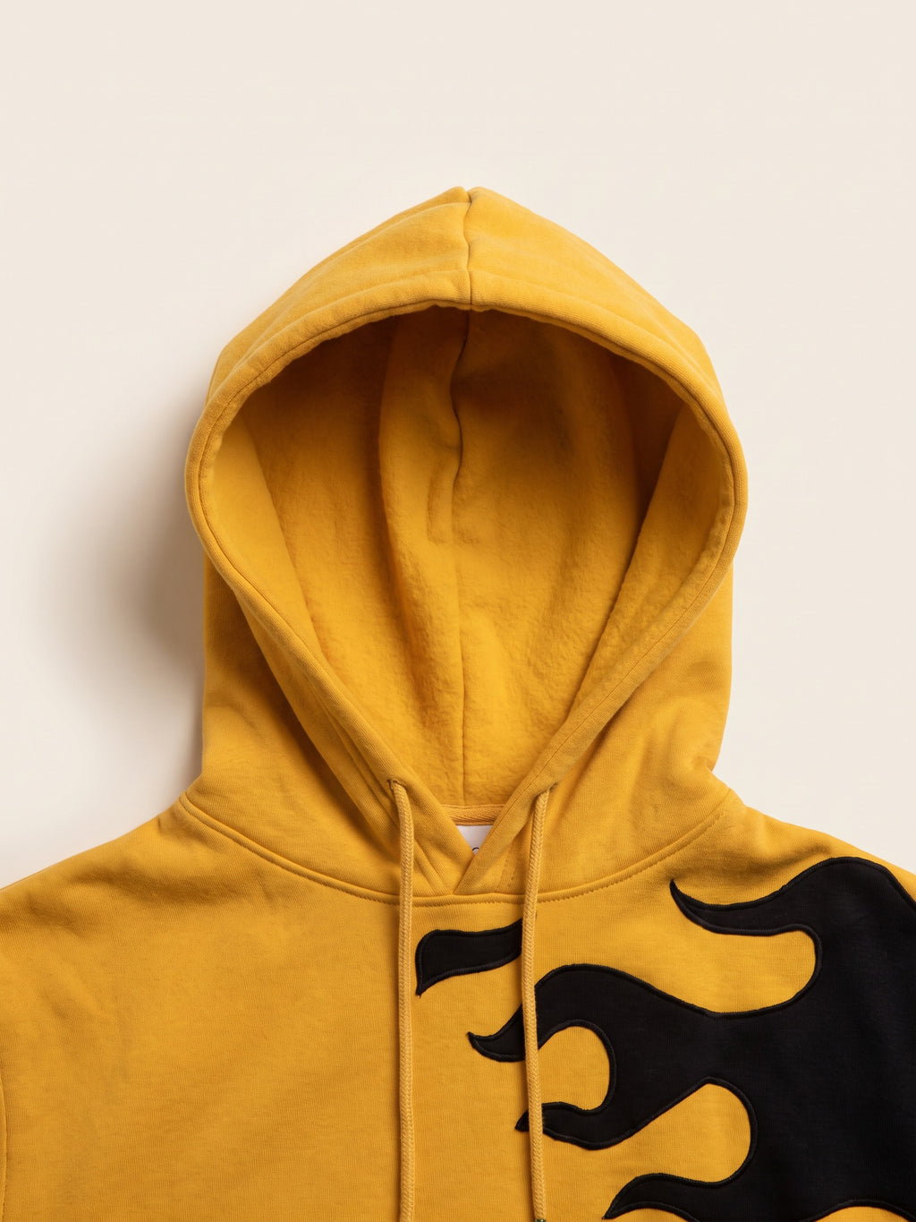 Flame Hoodie – Yellow – hood and drawcords close-up