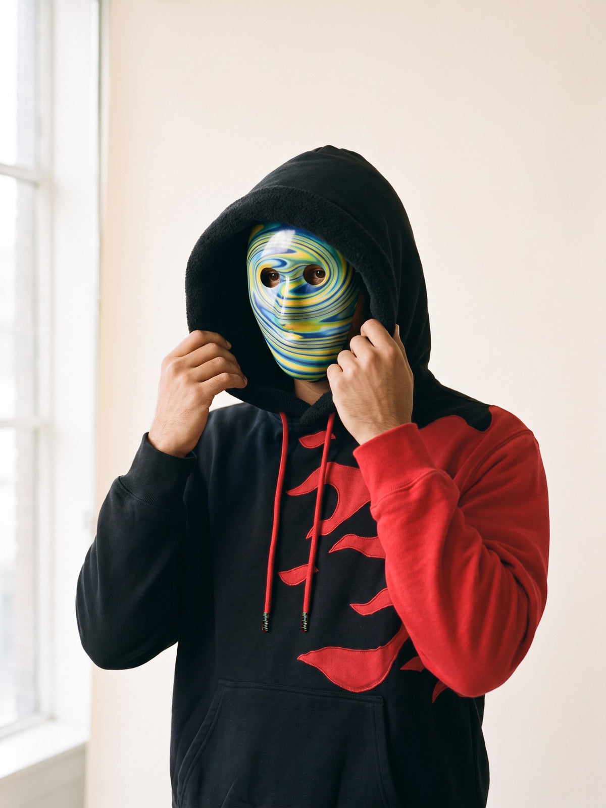 Flame Hoodie – Black – hood close-up on model